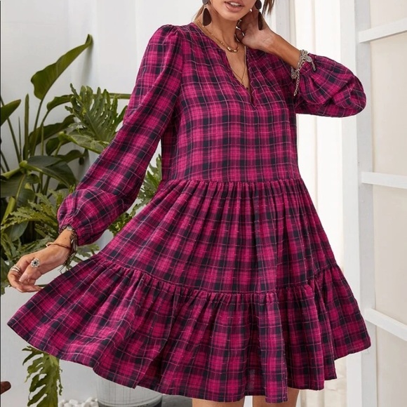 Plaid ruffle hem lantern sleeve blouse plum - Picture 16 of 16